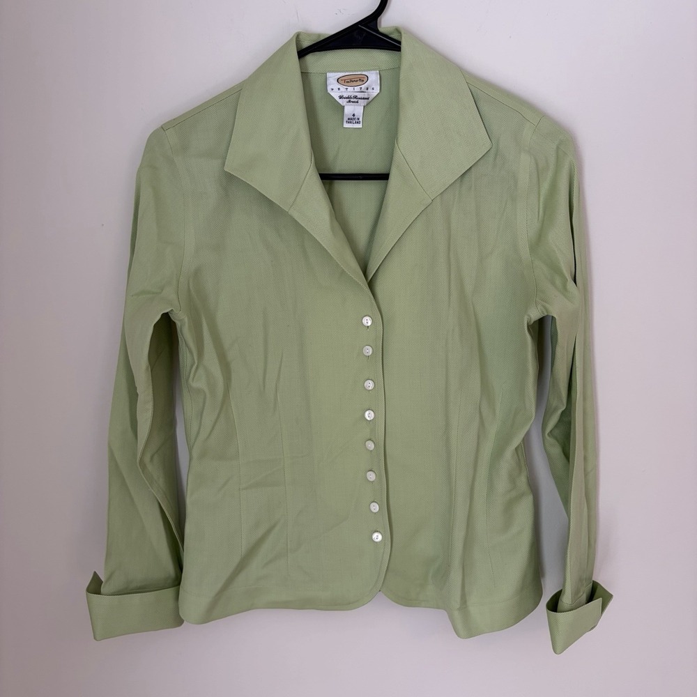 Talbots Green Herringbone Button Down Shirt Stretch 4p Quiet Luxury Coastal